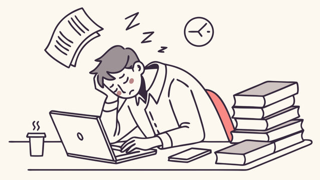 Man sleeping at desk with laptop and books.