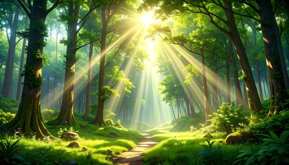 Obraz premium Sunbeams in Lush Green Forest. (1)