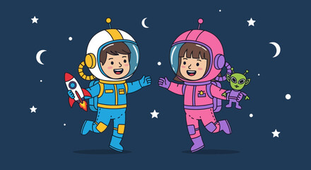 Joyful children astronauts float in space, exploring stars and a friendly alien.