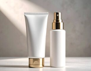 Luxurious skincare product mockup featuring a blank white cream tube and spray bottle with elegant gold caps