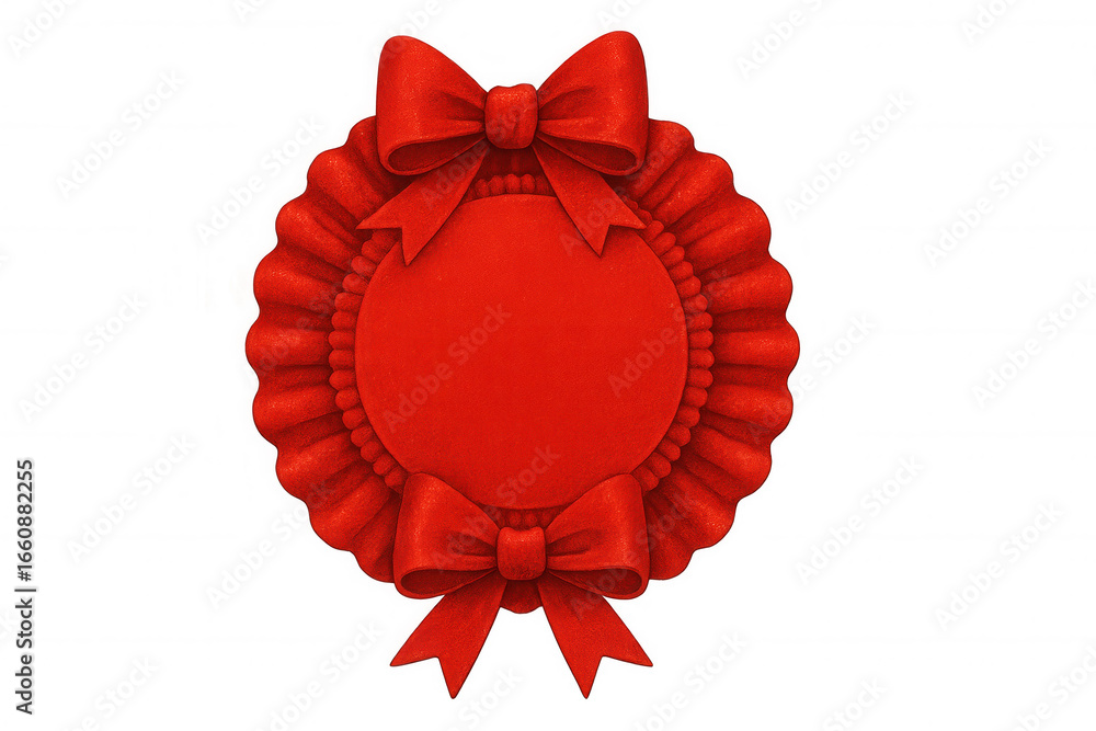 Poster red pleated ribbon creating a circular award badge with a bow on a transparent background, ideal for