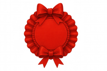 Red pleated ribbon creating a circular award badge with a bow on a transparent background, ideal for achievement and quality concepts