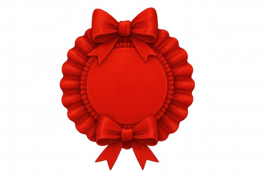 Red pleated ribbon creating a circular award badge with a bow on a transparent background, ideal for achievement and quality concepts