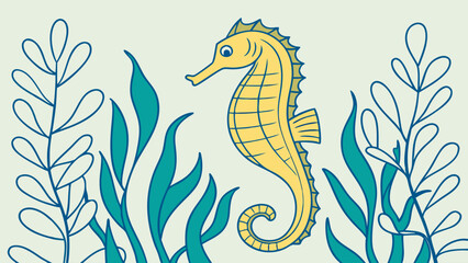 Obraz premium Seahorse swimming among seaweed underwater.