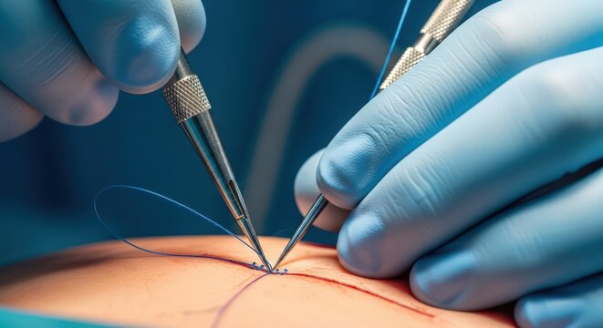 Surgical Stitching: Close-up of Surgeon Suturing a Wound with Blue Thread