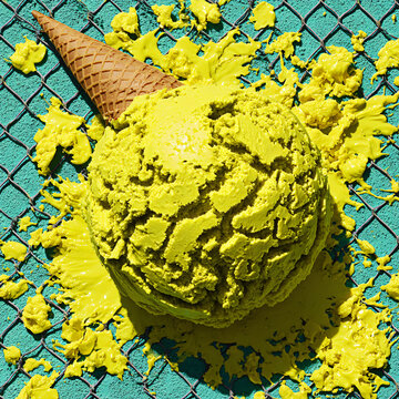 Ice Cream Cone Yellow Dessert Scoop Sweetness Summer Refreshing Frosty Bright Vibrant Indulgent Flavor Gourmet Minimalism Sweet Melty Round Topping Colorful Sunny Snack Playful Outdoor