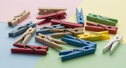 An array of colorful, wooden clothespins scattered on a diagonally split background of pink, yellow, green, and light blue
