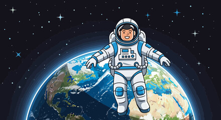 Cartoon astronaut floats in space above Earth, wearing a white and blue spacesuit, with stars visible in the background.