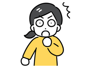 目を丸くして驚く私服の若い女性(上半身・正面)