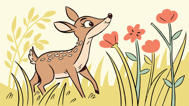 Adorable cartoon deer standing in a field of flowers.
