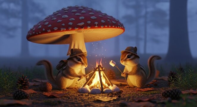 Two chipmunks in hats roasting marshmallows over a campfire under a large mushroom in a misty forest environment