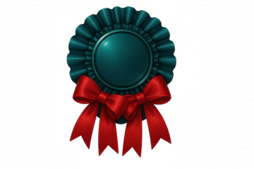 Teal cockade with red bow representing award, achievement, or recognition on transparent background
