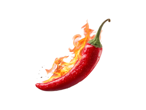 A single red chili pepper with a fiery flame emerging from its tip