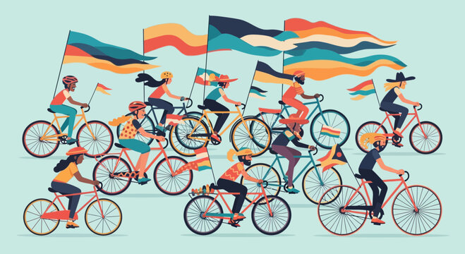 A group of diverse people are riding bicycles while holding colorful flags in a parade or celebration, depicted in a flat, illustrative style.