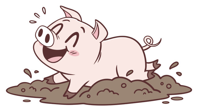 Happy cartoon pig playing in mud with joyful expression.