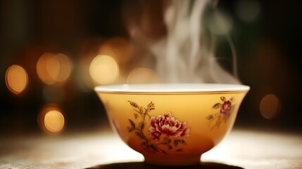Porcelain teacup with peony motifs, steam rising as bokeh lights mimic festive fireworks.