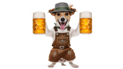 Joyful dog in costume with beer mugs, created with AI, PNG
