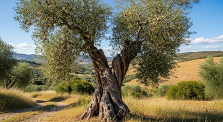 Olive tree with twisting trunk and lush green foliage against rolling Tuscan hills under a blue sky dotted with clouds