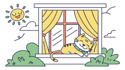 Cute cartoon cat sleeping on a sunny windowsill with yellow curtains, happy sun, and green bushes outside