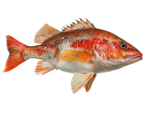 Reddish fish with fins and tail
