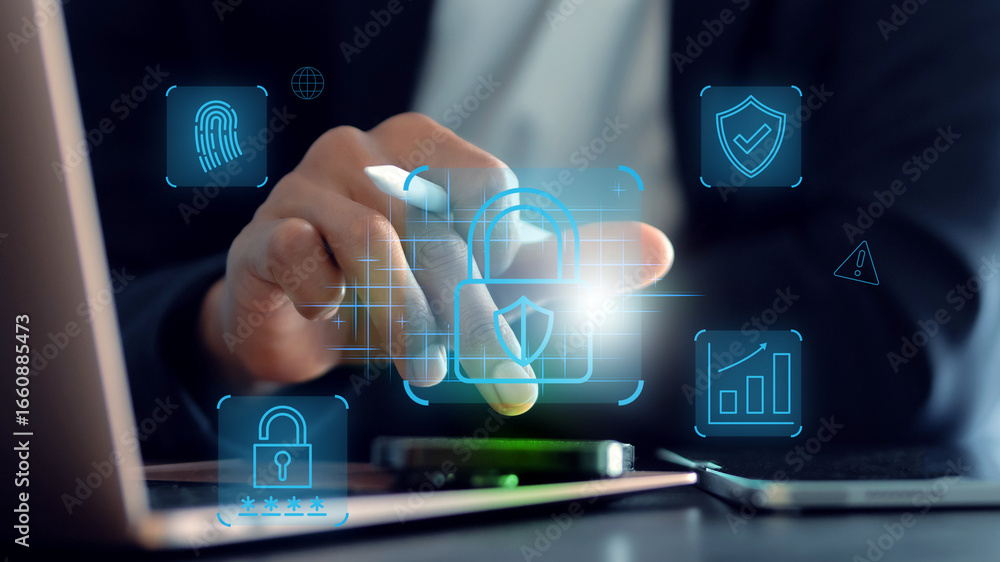 Fototapete lock mark cybersecurity internet, protect attacks from a hacker. concept of password privacy on an o
