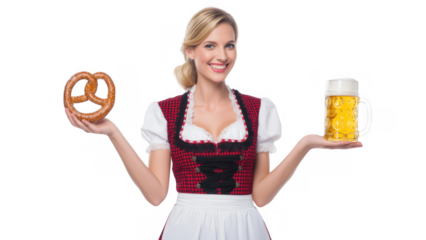 Woman in festive wear enjoys beer, pretzel, created with AI, PNG