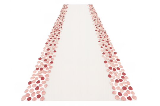 White wedding aisle decorated with pink and red rose petals on transparent background
