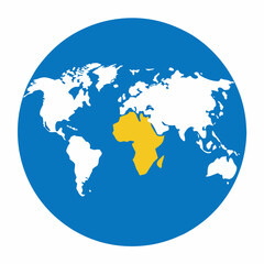 A blue globe with africa highlighted in yellow on a white background