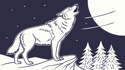 Obraz premium Wild wolf howling at the full moon on a snowy cliff in a winter forest night. Nature wilderness illustration with stars.