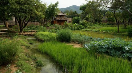 Fototapeta premium Rural asian landscape with rice paddies