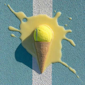 Ice Cream Tennis Ball Mockup Dessert Blue Court Vibrant Whimsical Illustration Refreshing Sporty Summer Play Fusion Yellow Splash Artistic Conceptual Lifestyle Unusual Colorful Novelty Refreshment