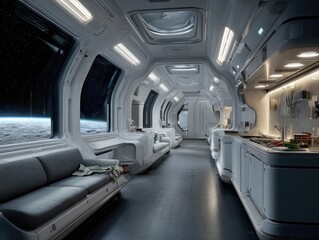 Naklejka premium Futuristic space station interior with windows showcasing a lunar landscape and sleek design