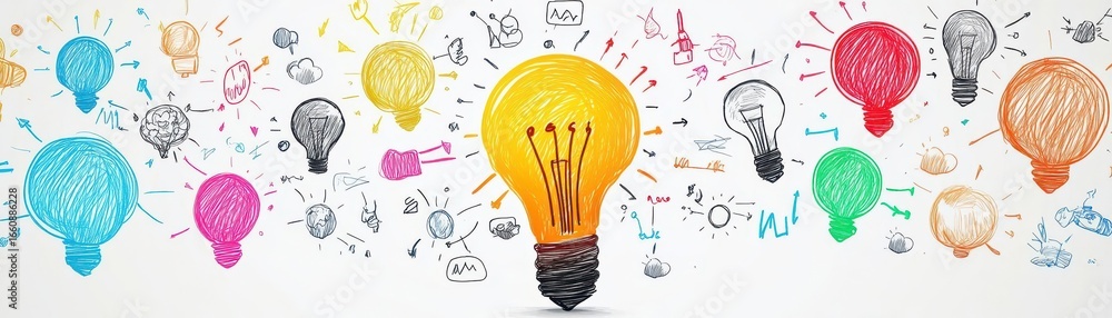 Poster creative and colorful illustration of a large glowing lightbulb surrounded by various smaller lightb