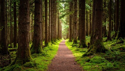 Naklejka premium Forest path through tall trees with nature, trail, and landscape.