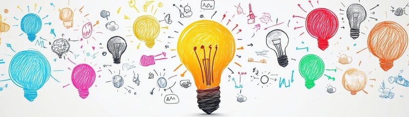 Creative and colorful illustration of a large glowing lightbulb surrounded by various smaller lightbulb sketches in different colors and styles representing ideas and innovation