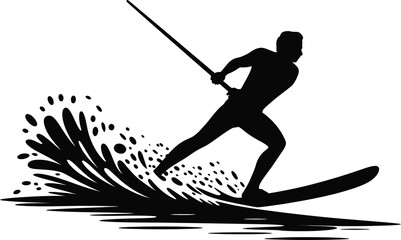 Silhouette of a person water skiing with a large splash behind them
