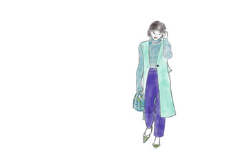 “Fashion Snap – Woman in Blue-Green Knit, Royal Blue Pants, Sky Blue Long Gilet, Medium Hair, Holding Sky Blue Handbag”