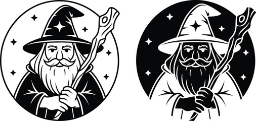 Mystical wizard with staff and star hat in oval frame