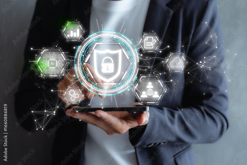 Fototapete lock mark cybersecurity internet, protect attacks from a hacker. concept of password privacy on an o