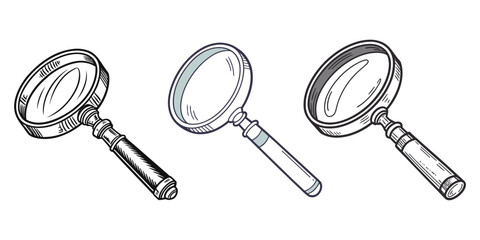 Search magnifying glass icon symbol, Magnifier - Illustration Icons, Simple black and white magnifying glass icon for search research and investigation purposes showing clear focus.