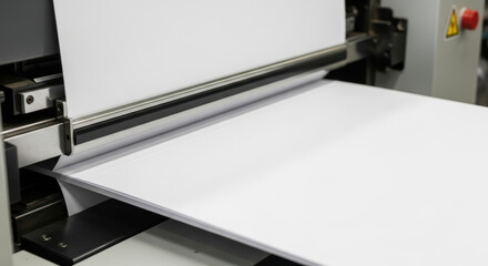 Industrial machine feeding large sheets of white paper for automatic cutting and production processing in modern factory environment