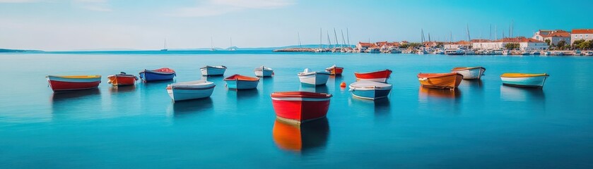 Wide view of colorful small boats floating on calm sea waters with clear sky and distant harbor, peaceful coastal landscape landscape scene du daytime