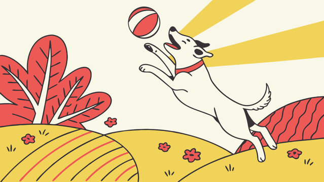 Happy dog playing with a ball in a sunny field.