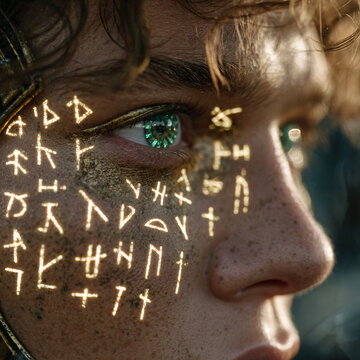 Illuminated Eye Face Portrait Detail Art Character Vibrant Shining Light Texture Geometric Luminous Fantasy Mysterious Emotions Youth Symbols Freckles Science Fiction Magic Photography