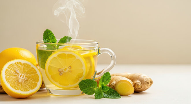 Steaming hot lemon ginger tea with fresh mint leaves served in glass cup surrounded by whole lemons and ginger root on light background refreshing healthy herbal drink concept