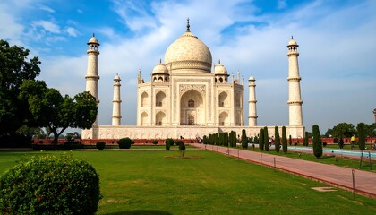Taj Mahal with India Sunny Day View.