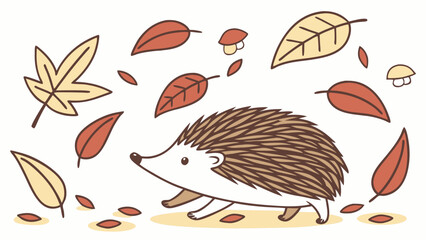 Obraz premium A cartoon hedgehog walking through fallen autumn leaves.
