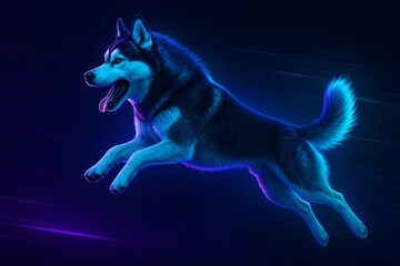 Energetic Husky Dog Running in Neon Light with Blue and Purple Glowing Effect