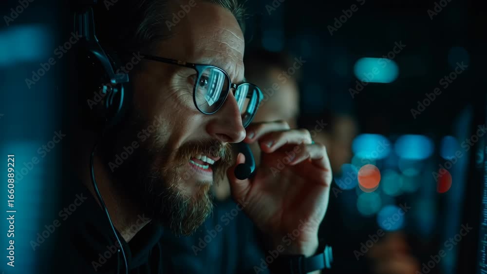 Poster cybersecurity professional monitoring systems during simulated cyberattack, showcasing focus, determ