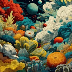 Naklejka premium Vibrant, otherworldly coral reef scene with planets